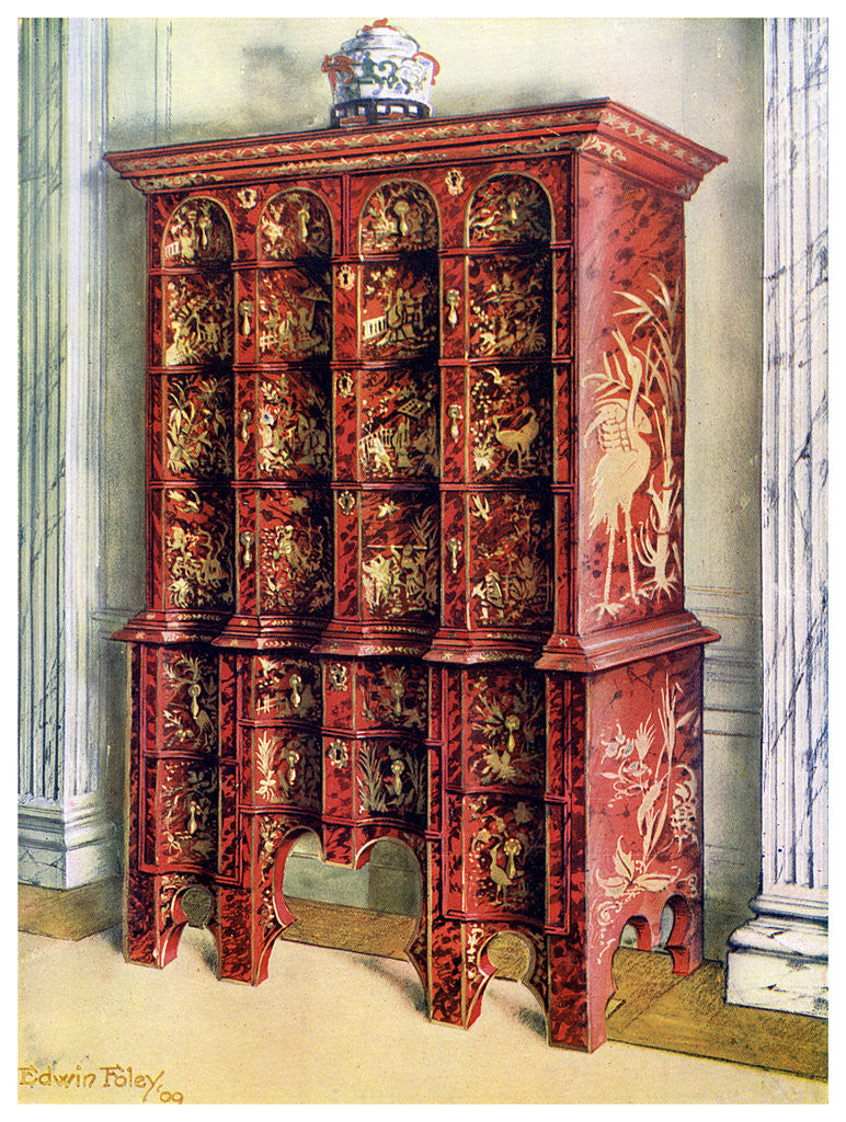 Detail of Red and gilt lacquer double chest of drawers by Edwin Foley