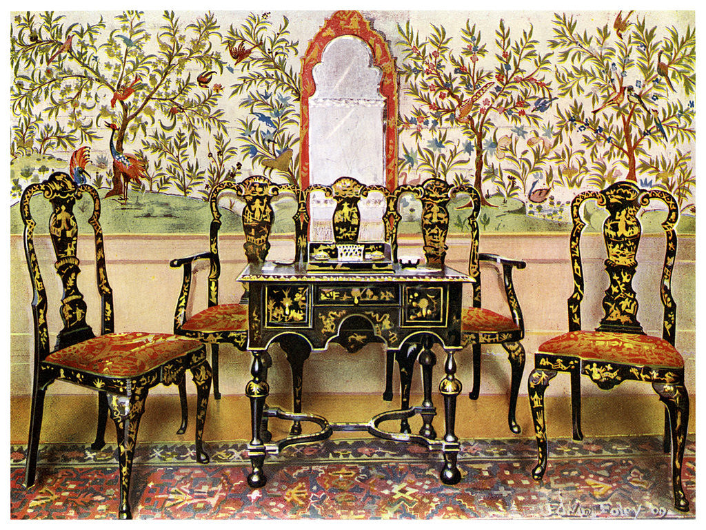 Detail of Black lacquer settee, chairs and table and red lacquer mirror by Edwin Foley