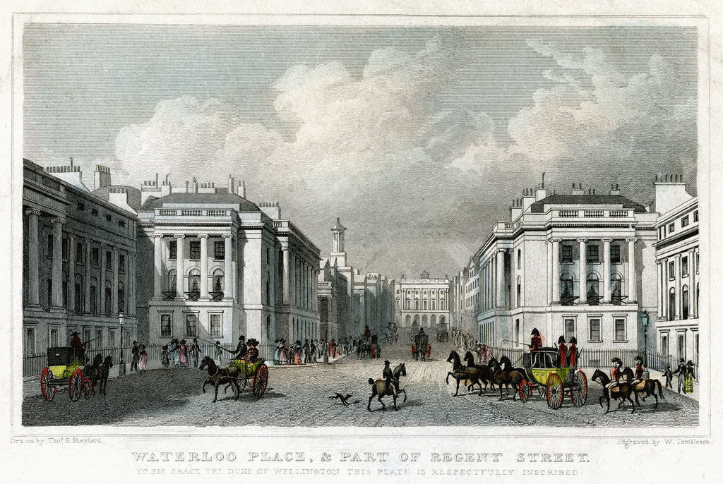 Detail of Waterloo Place and part of Regent Street, Westminster, London by William Tombleson