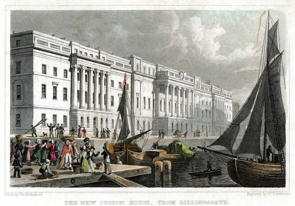 Detail of The new Custom House, from Billingsgate, City of London by William Tombleson