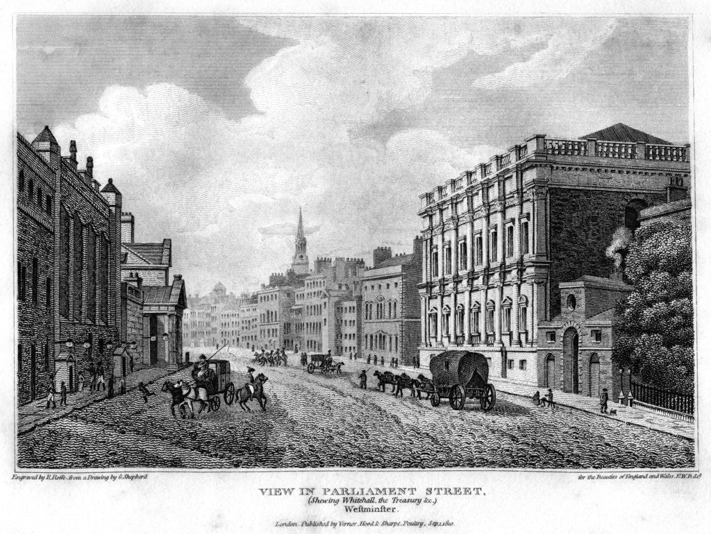 Detail of View in Parliament Street, Westminster, London by R Roffe
