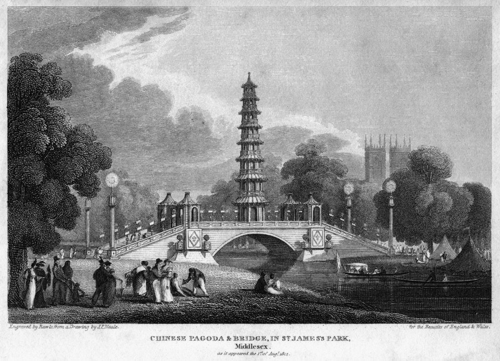 Detail of Chinese pagoda and bridge, St James's Park, Westminster, London by Rawle