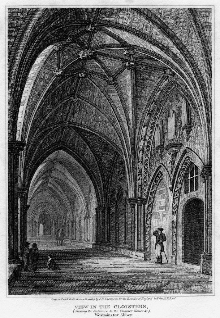 Detail of View in the cloisters, showing the entrance to Chapter House, Westminster Abbey, London by R Roffe