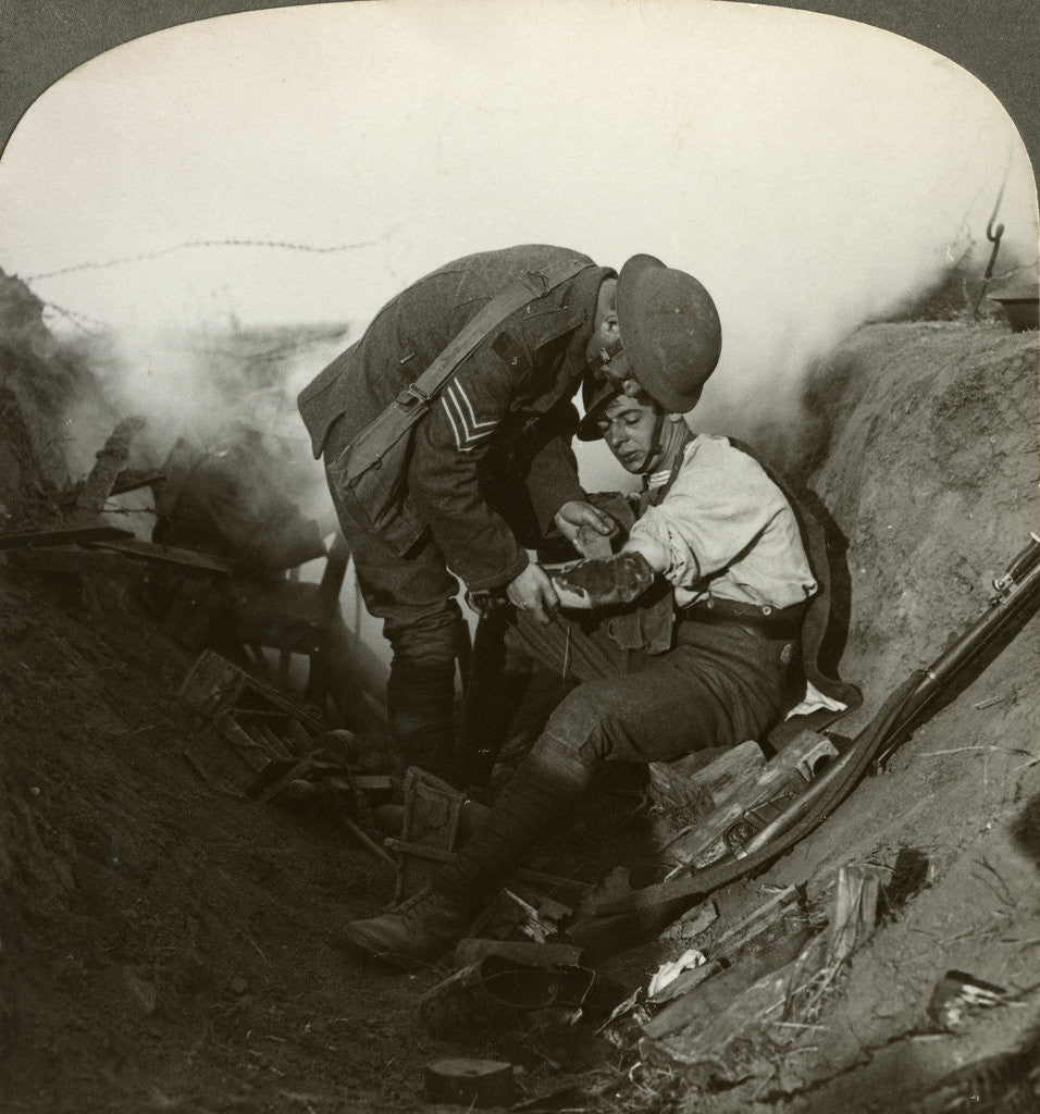 Detail of Soldier receiving first aid from a sergeant in a sap, Battle of Peronne, World War I by Realistic Travels Publishers