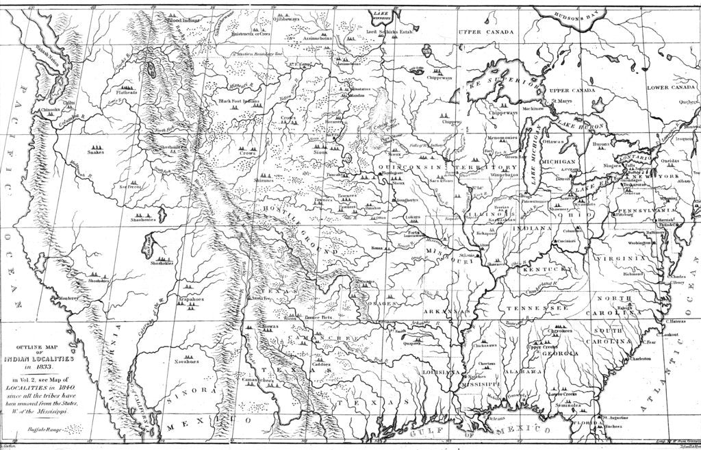 Detail of Map of North America with locations of Native American tribes by Myers and Co