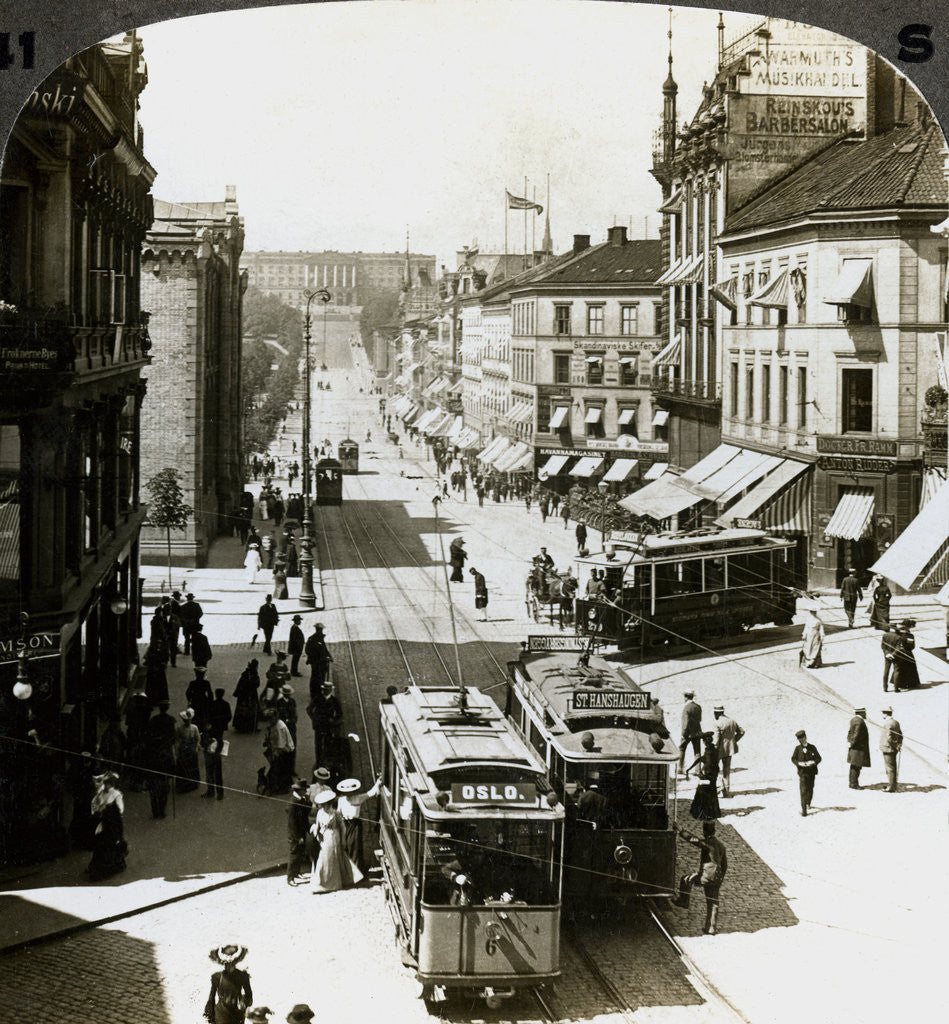 Detail of Karl Johan's Street and Royal Palace, Christiania (Oslo), Norway by Underwood & Underwood