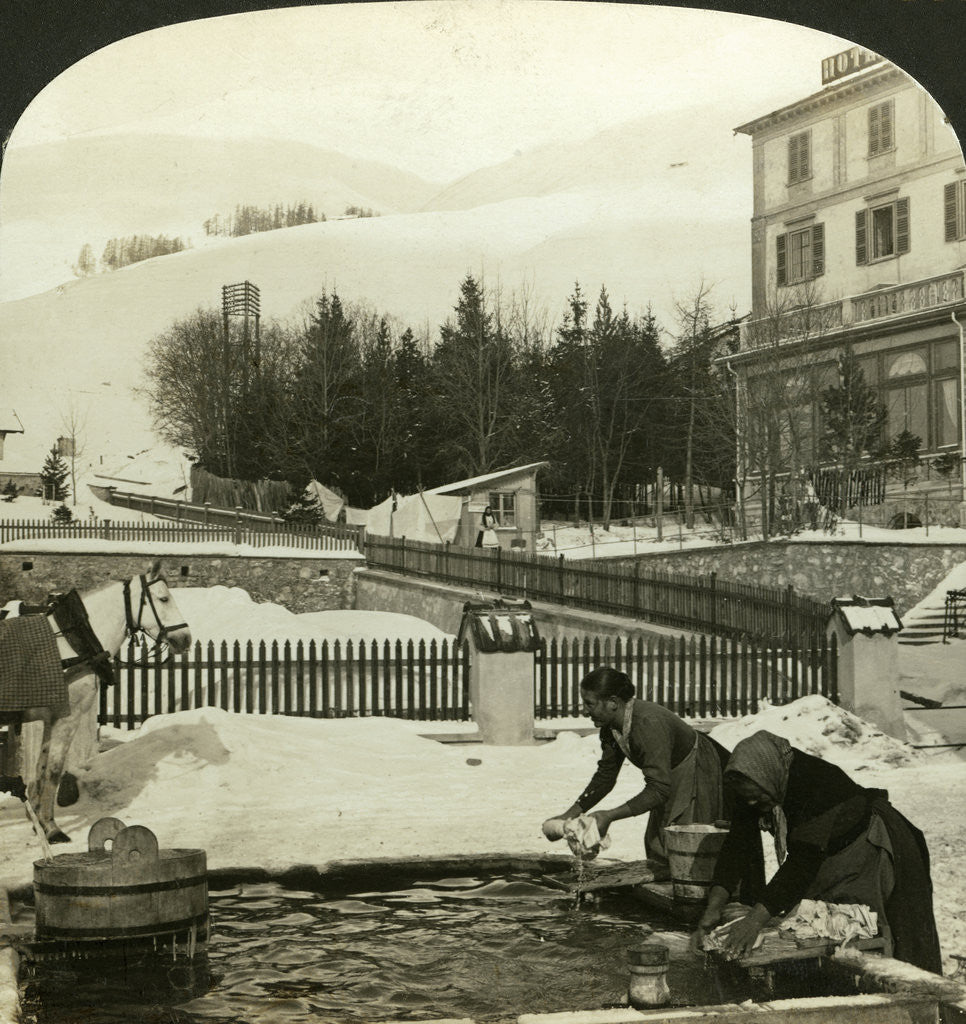 Detail of Women washing clothes at the public fountain in midwinter, Zuoz, Switzerland by HC White