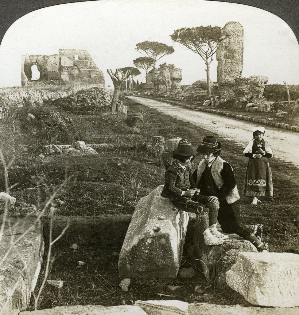 Detail of Tombs and children in traditional dress, Appian Way, Rome, Italy by Underwood & Underwood