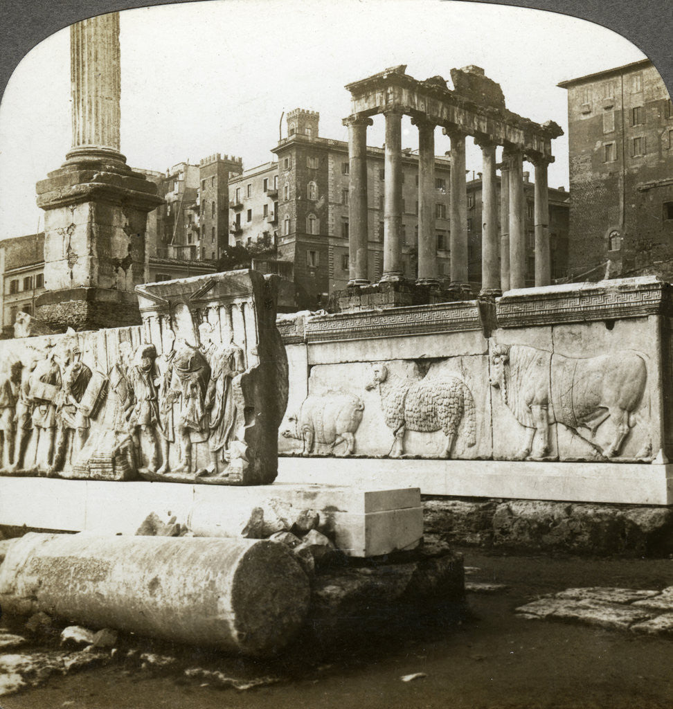 Detail of Bas reliefs of Trajan and Column of Phocas in the Forum, Rome, Italy by Underwood & Underwood