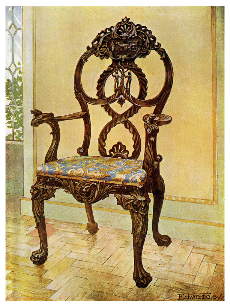 Detail of Carved early Chippendale chairman's chair by Edwin Foley