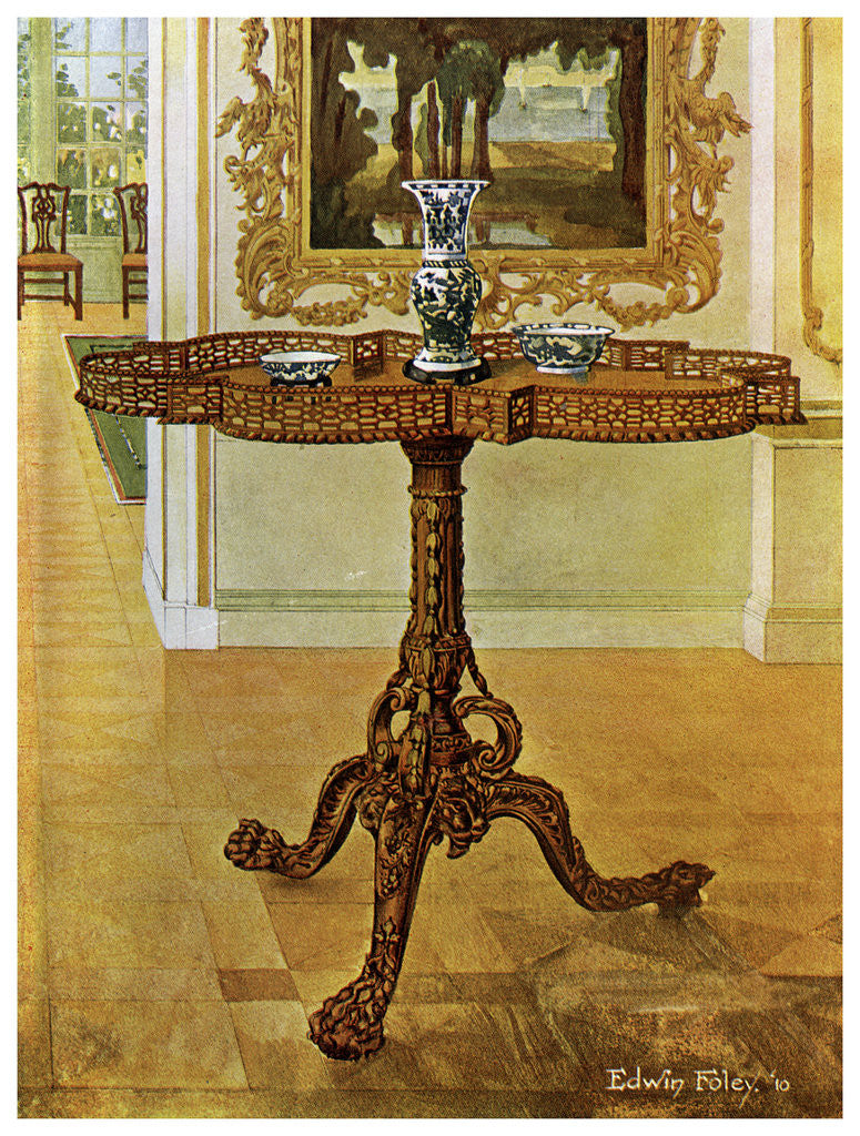 Detail of Shaped fret rimmed gallery table, Chippendale School by Edwin Foley