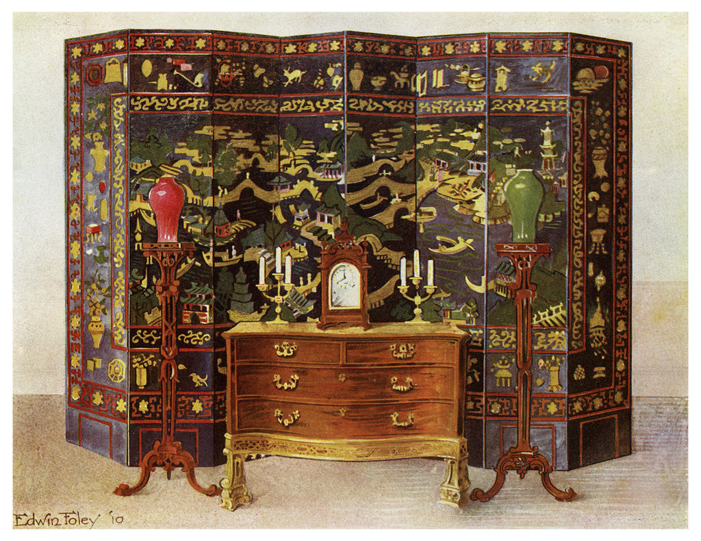 Detail of Curved commode table and Chinese lacquered eight fold screen by Edwin Foley