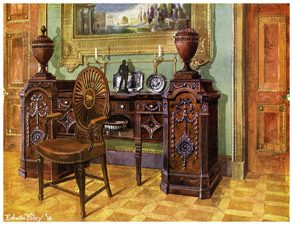 Detail of Carved mahogany pedestal sideboard and oval wheelback master's chair by Edwin Foley