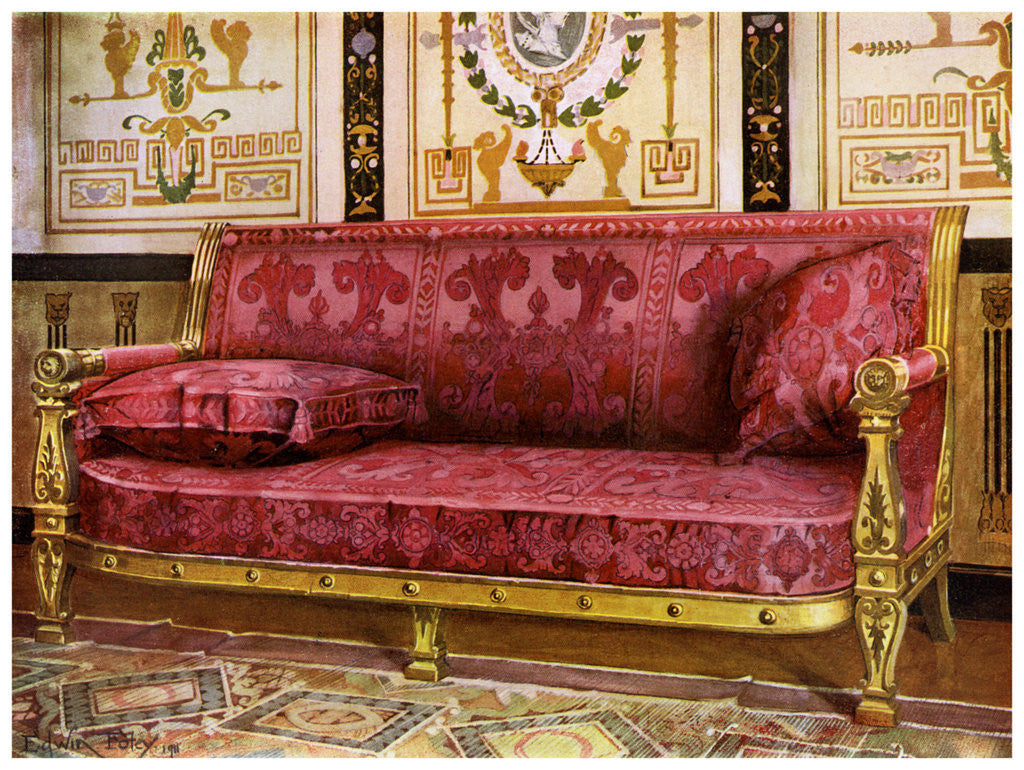 Detail of Carved gilt couch covered in rose Brocade de Lyon by Edwin Foley
