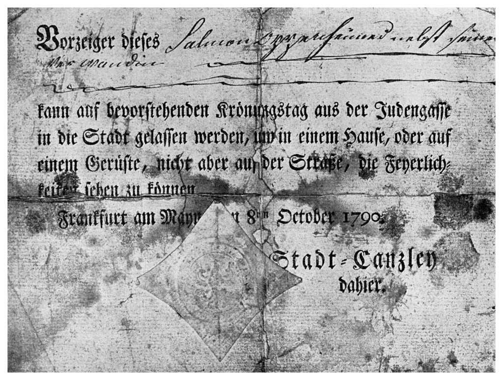 Detail of Anti-semitism: a pass issued to Jews at Frankfurt by Anonymous