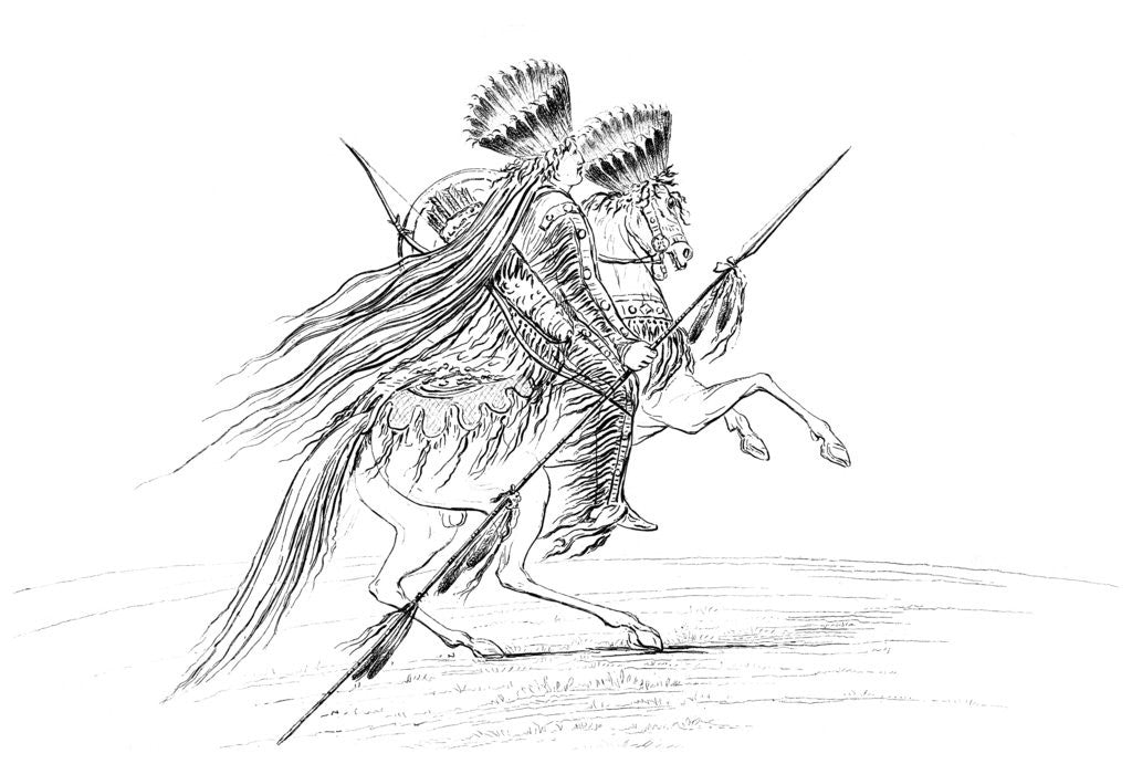 Detail of Native American male with weapons and headdress, riding a horse by Myers and Co