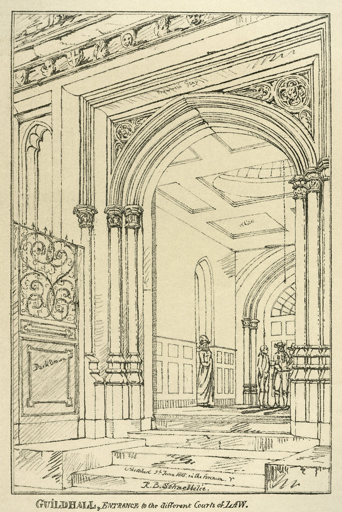 Detail of Entrance to the different courts of law, Guildhall, London, June 1815 by Anonymous