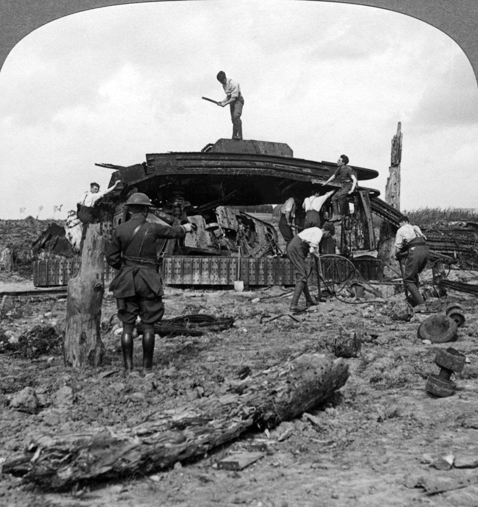 Engineers clearing a destroyed tank from a road, World War I by Realistic Travels Publishers