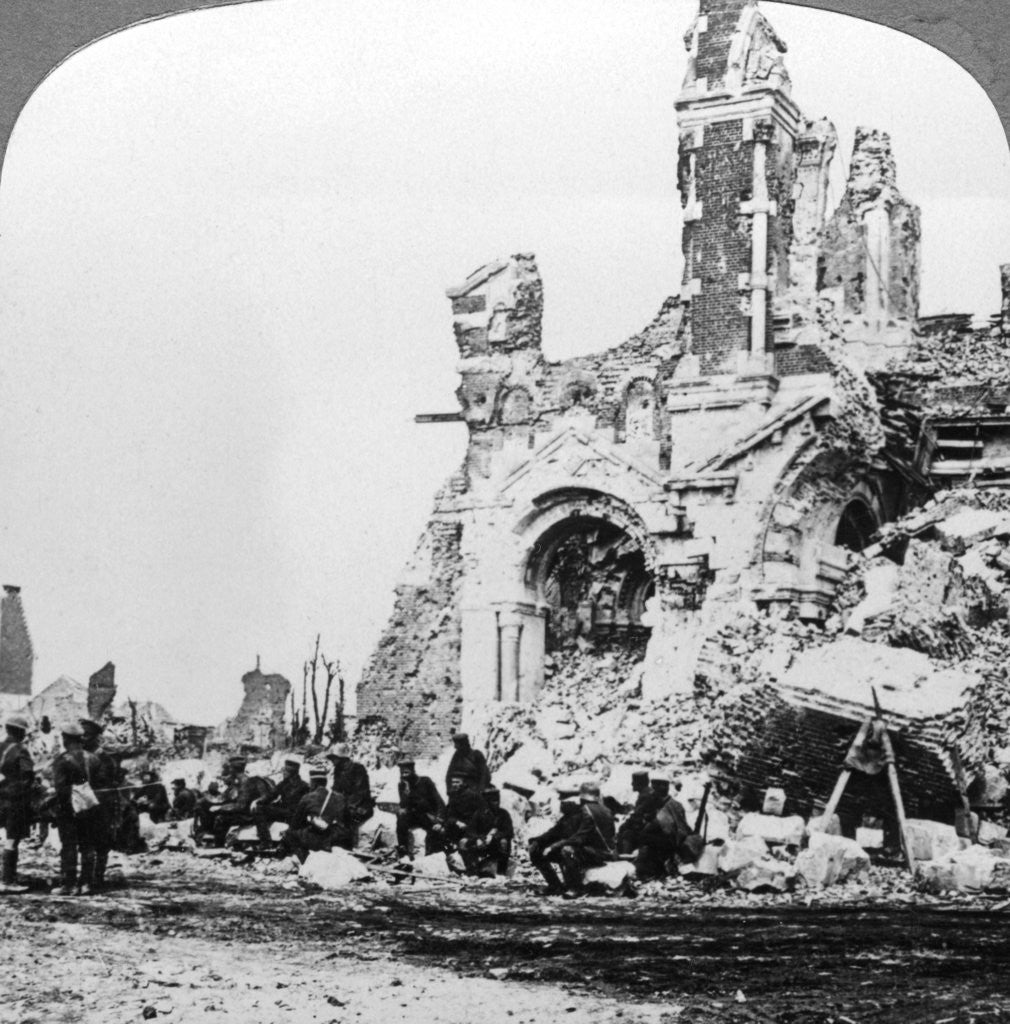 Detail of German prisoners of war beside the ruins of the basilica of Albert, France, World War I by Realistic Travels Publishers