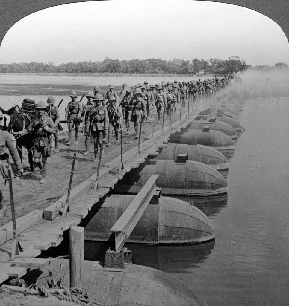 Detail of Machine gun section and infantry crossing a pontoon bridge, World War I by Realistic Travels Publishers