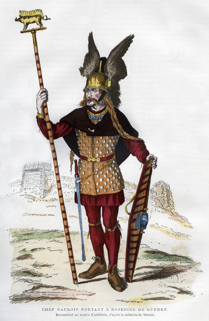 Detail of Gaul chief in battle dress carrying a standard by Michelet