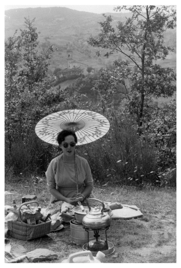 Detail of Woman under a parasol having a picnic by Anonymous