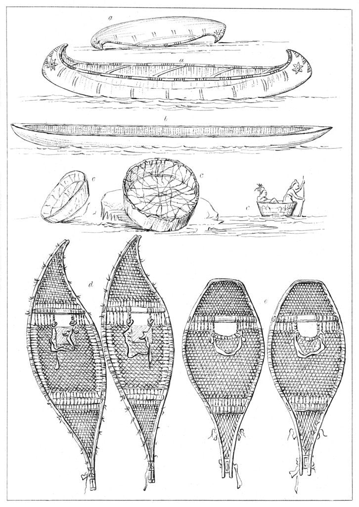 Detail of Sioux canoes and Chippewa snowshoes by Myers and Co