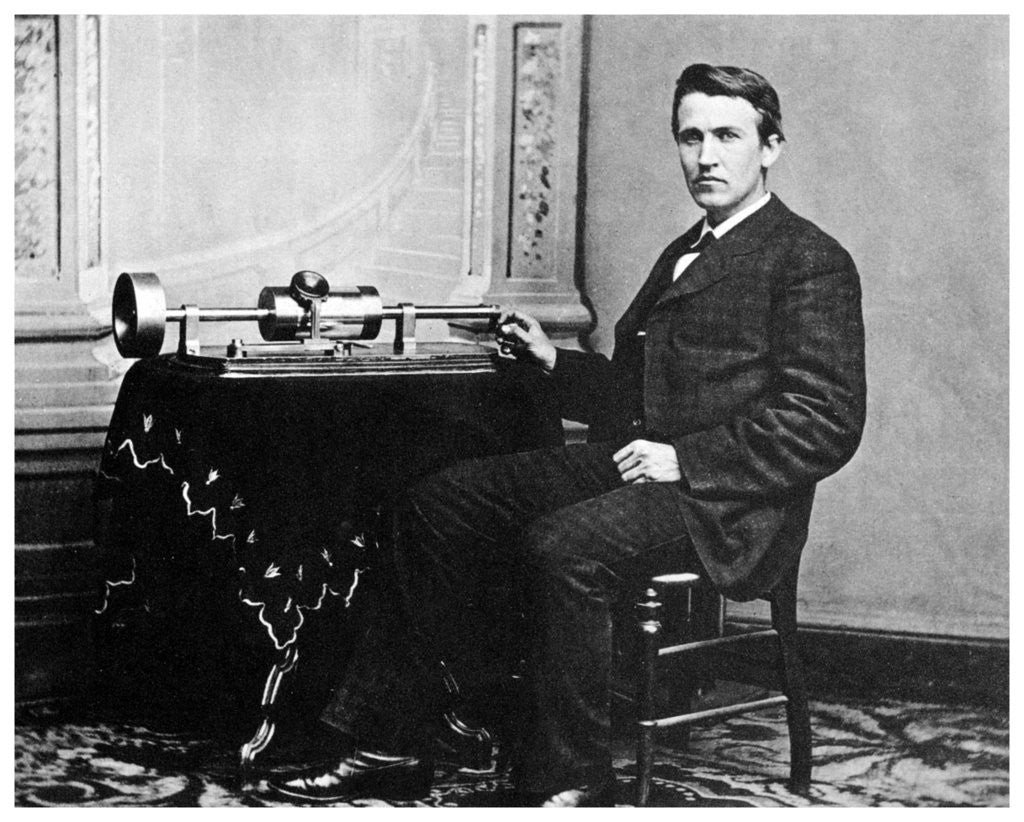 Detail of Thomas Alva Edison, American inventor, with his phonograph by Anonymous