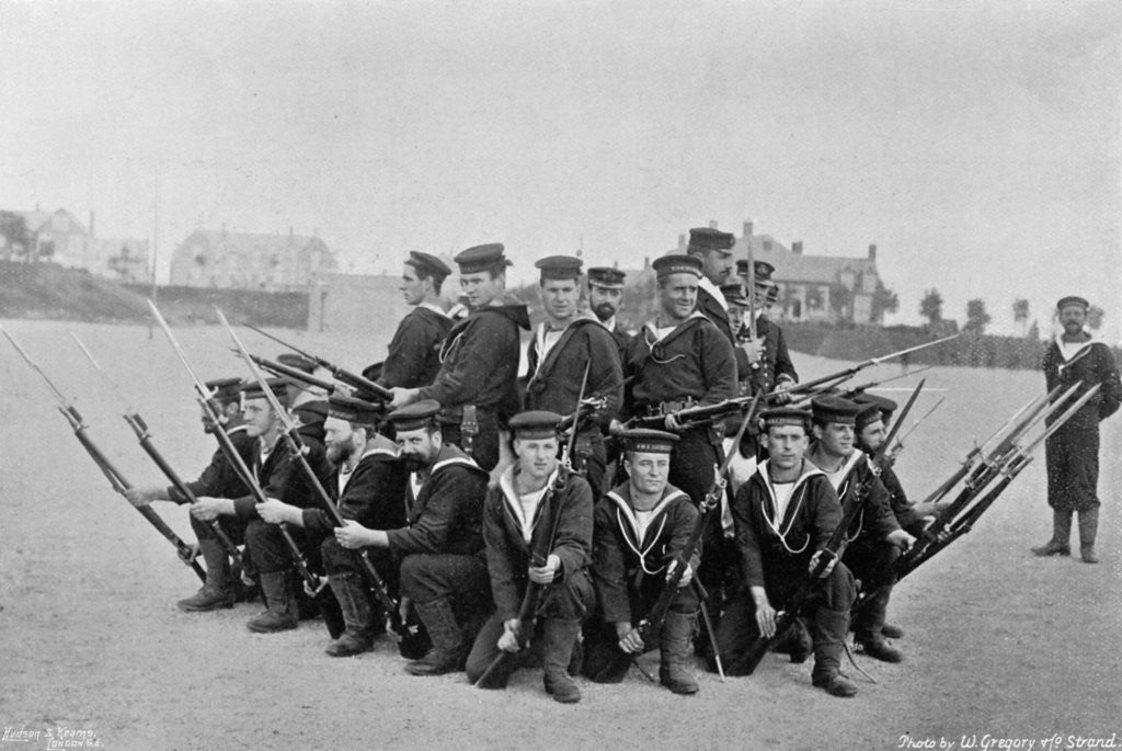 Detail of Naval training on shore; forming a 'rallying group' by W Gregory