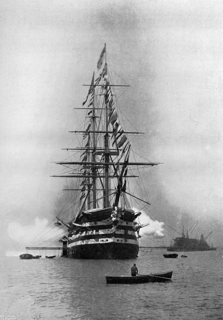 Detail of HMS Duke of Wellington firing a Royal Salute as flagship at Portsmouth, Hampshire by Symonds & Co