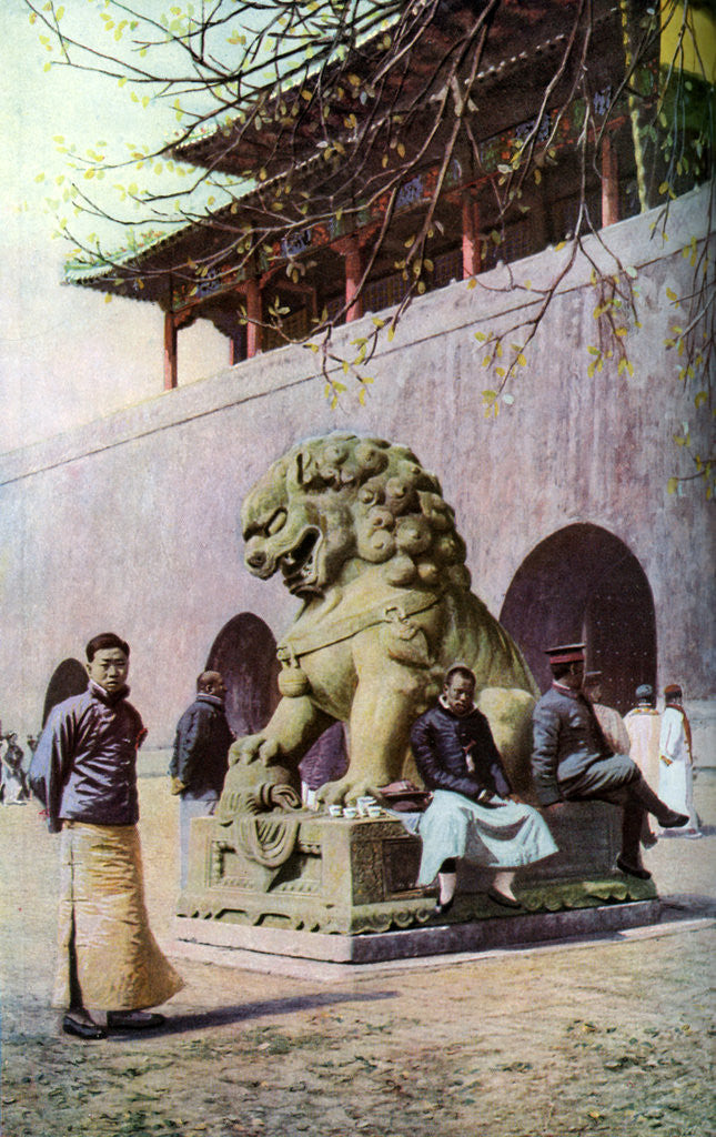 Detail of Bronze lion, entrance to the Imperial Palace, Peking, China by Underwood