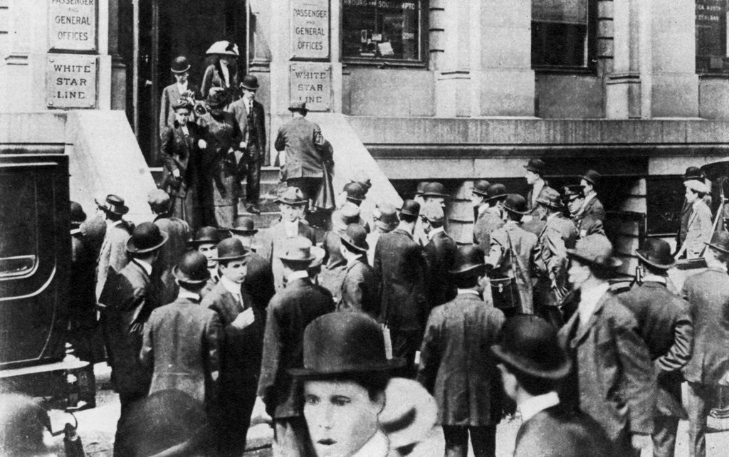 Detail of Anxious crowds outside the White Star Line office by Sport & General