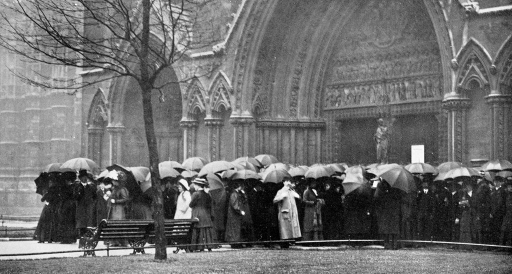 Detail of People waiting in the rain in order to attend a service at Westminster Abbey, London by Anonymous