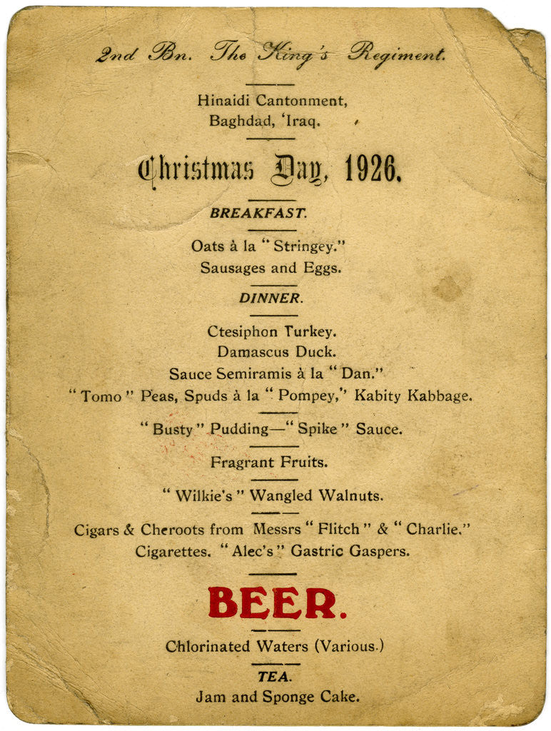 Detail of Christmas Day menu, 2nd Battalion the King's Regiment, Iraq by Anonymous