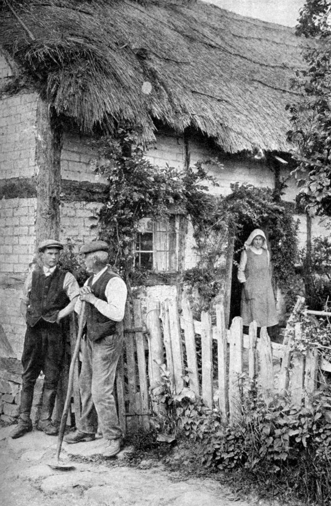 Detail of Two men chatting outside a cottage, near Lucton, Herefordshire by AW Cutler