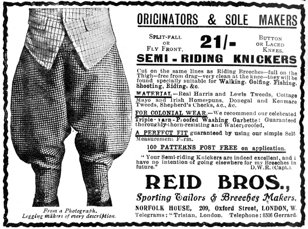 Detail of Advert for Reid Bros, Sporting Tailors & Breeches Makers by Anonymous