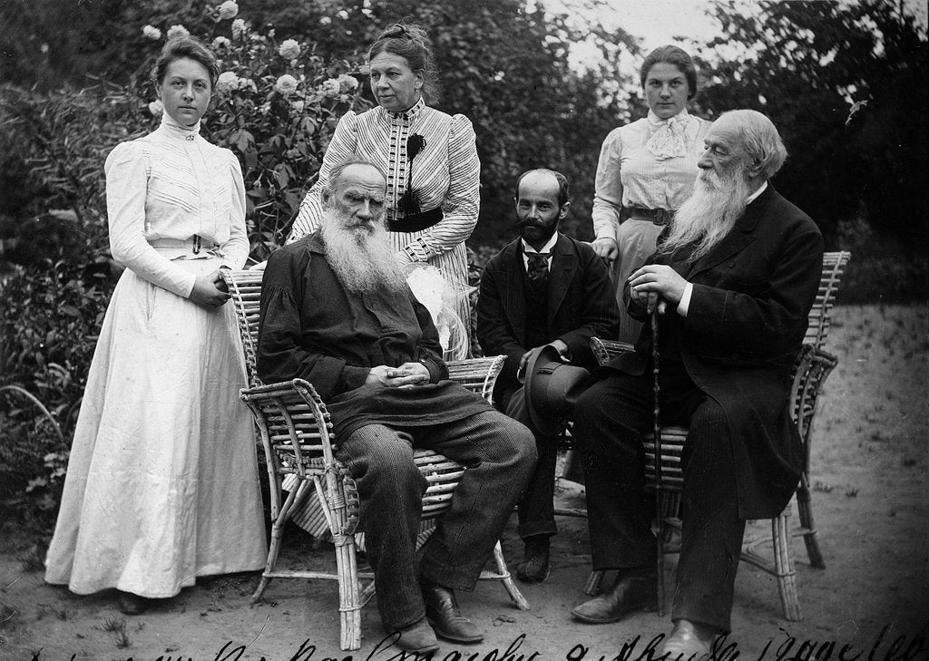 Detail of Russian author Leo Tolstoy with visitors, Yasnaya Polyana, Russia, late 19th or early 20th century by Unknown