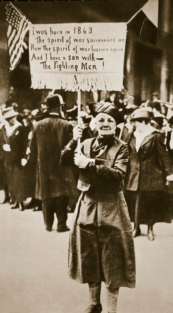 Detail of Woman holding a placard in support of the war effort by Anonymous