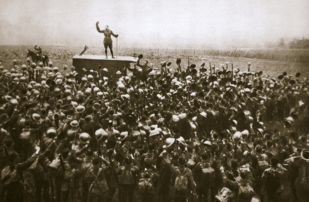 Detail of Colonel and men of the 9th East Surrey Regiment cheering the King, France, 12 November, 1918 by Unknown