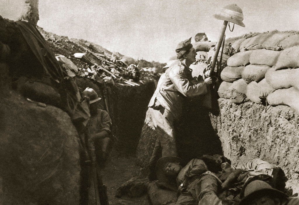 Detail of A Royal Irish Fusilier teases a Turkish sniper by Anonymous