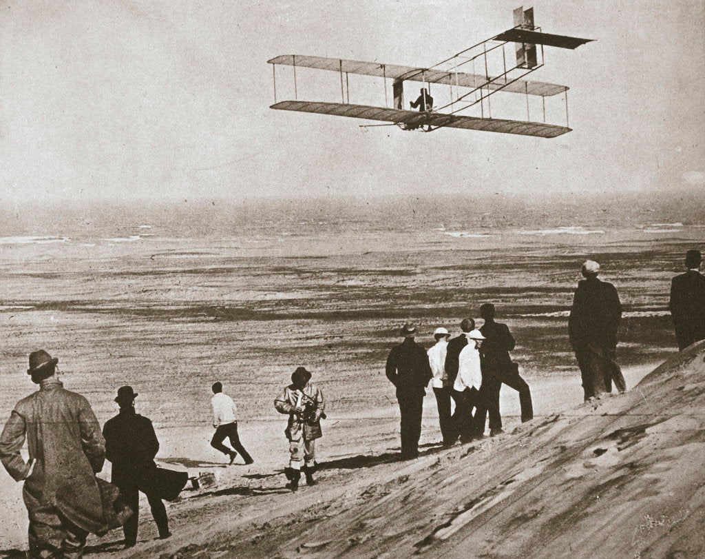 Detail of The Wright Brothers testing an early plane at Kitty Hawk by Anonymous
