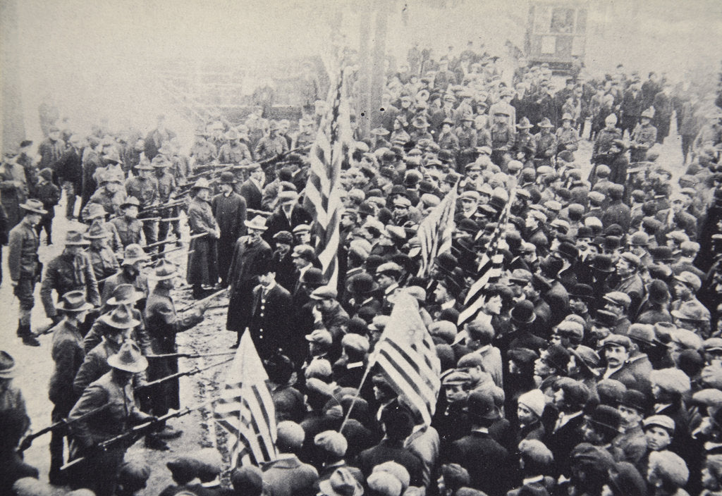 Detail of Armed troops confronting protesters during an industrial dispute, USA, 1912 by Unknown