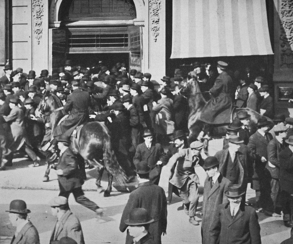 Detail of Mounted police disperse a crowd, Union Square, New York City, USA, late 19th or early 20th century by Unknown