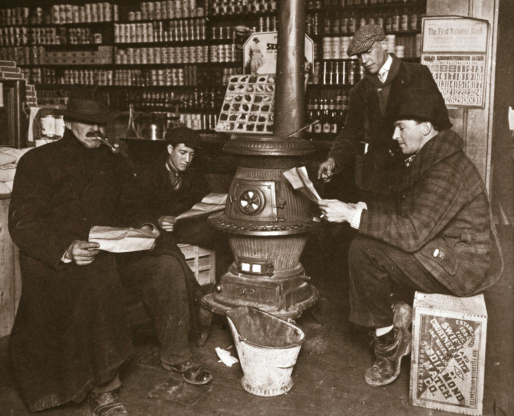 Detail of A group of men around a stove in a shop by Anonymous