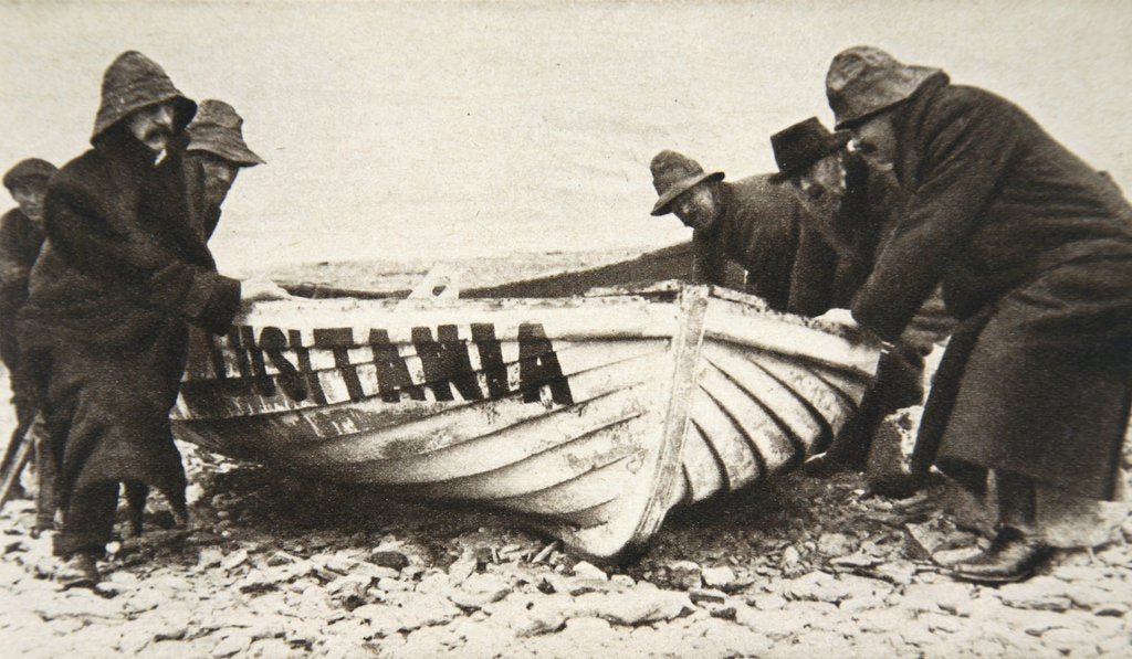 Detail of Hauling one of the Lusitania's lifeboats onto the beach, Ireland, 8 May 1915 by Clarke & Hyde