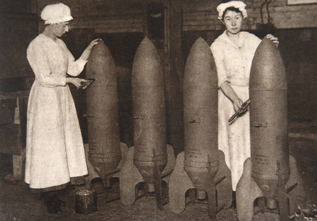 Detail of Women munitions workers putting a coat of paint on aerial bombs, World War I, c1914-c1918 by S and G