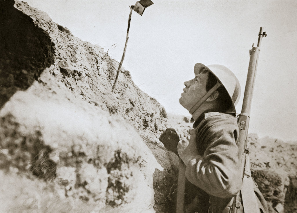 Detail of A sentry in the trenches looking through an improvised persicope, France, World War I, 1916 by Unknown