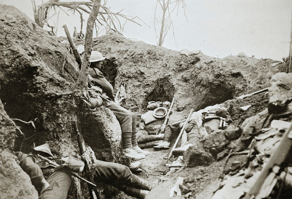 Detail of British troops resting in a captured German trench by Anonymous