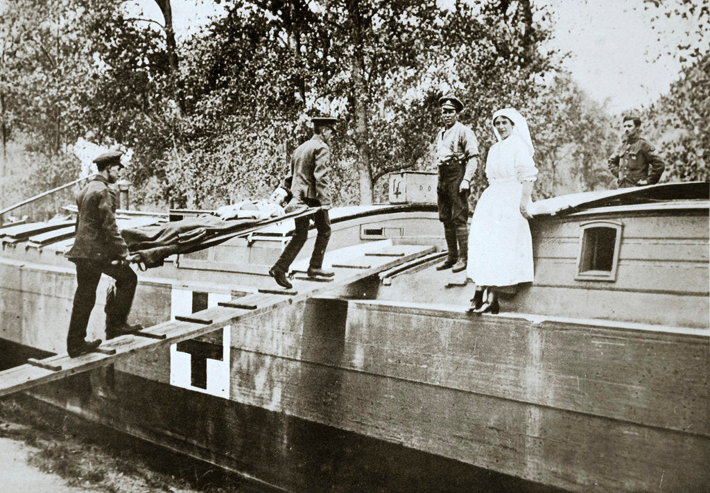 Detail of Patients being taken on board a hospital barge by Anonymous