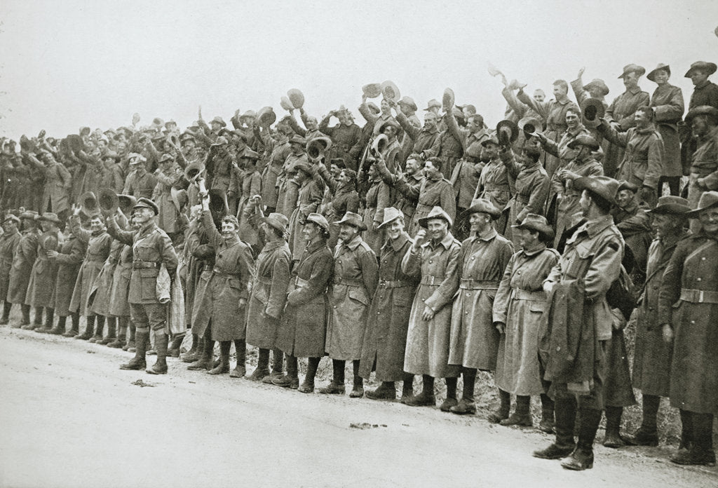 Detail of Australians cheer King George V, France, World War I, 1916 by Unknown